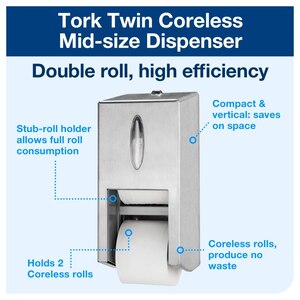 Tork Twin Coreless Mid-size Toilet Paper Roll Dispenser T7 Stainless Steel
