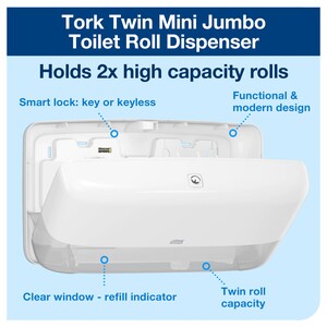 Tork Twin Mini Jumbo Toilet Roll Dispenser T2 White